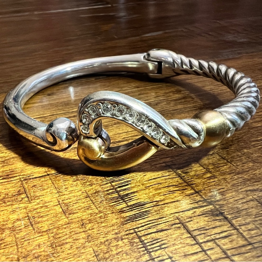 Authentic Brighton Silver & Gold Pave Heart Bangle Bracelet